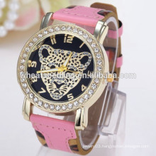 2015 new design tiger head photos rhinestone leather band ladies wrist watch